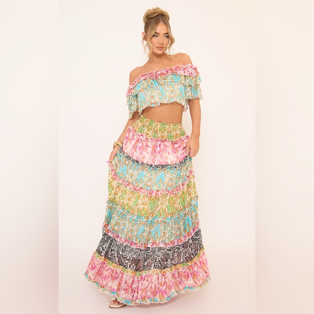 EGO OFFICAL - Bardot Ruffle Top And Maxi Skirt Co-Ord Set In Multi Paisley Print